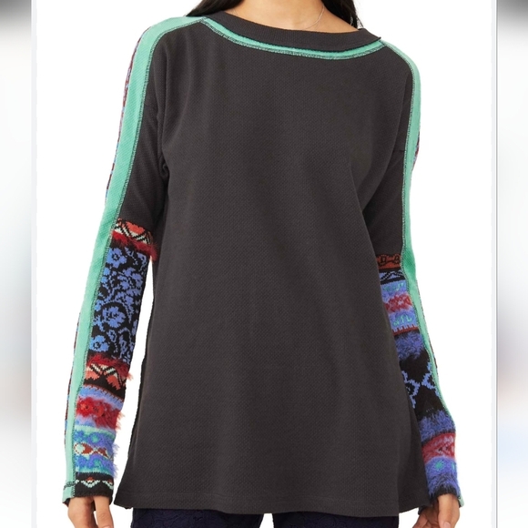 Free People Tops - Free People-Long Sleeve "On My Way" Cuff Thermal Top in Washed Black-Size XS